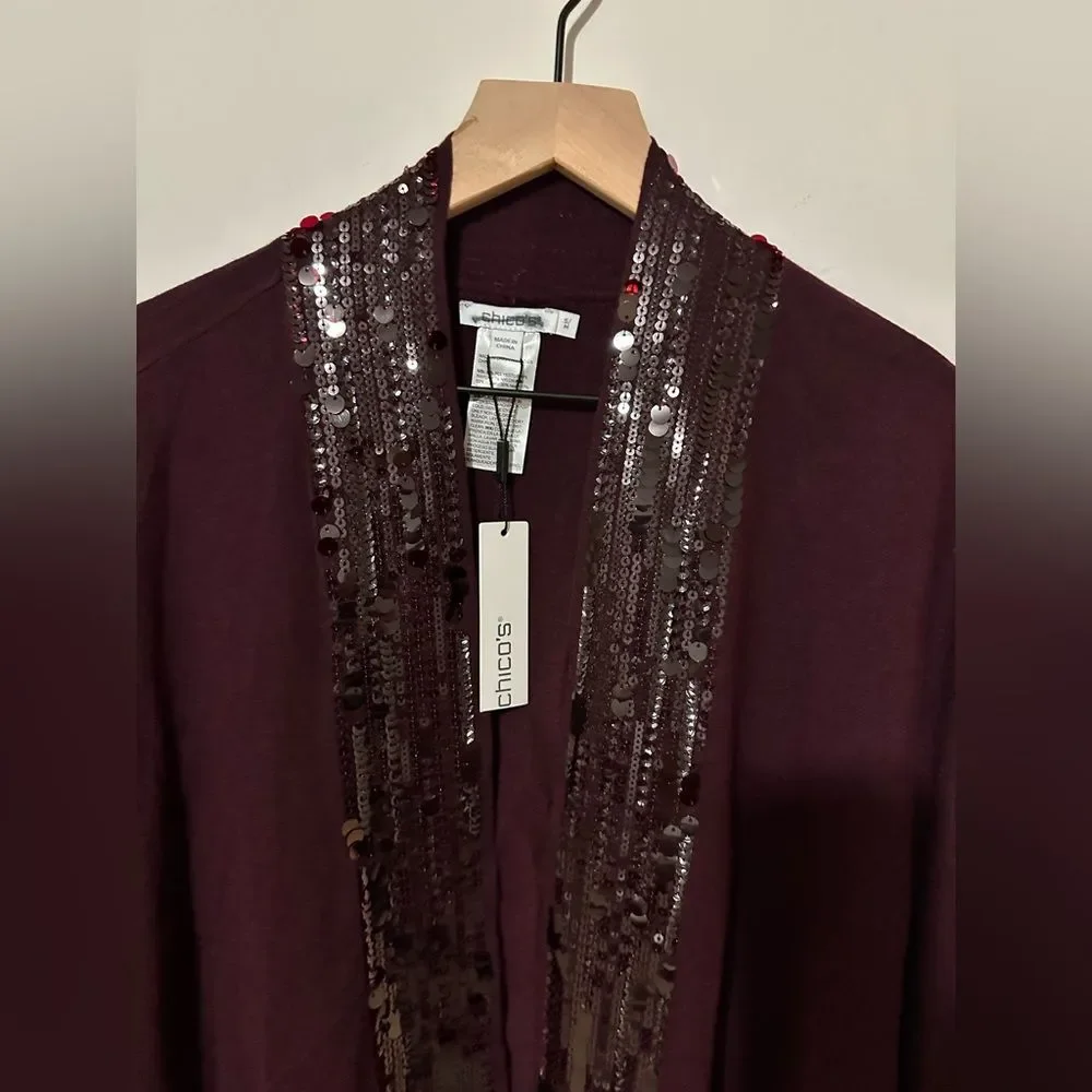 Chico's Sequin Open Front Cardigan S/M Purple‎ Placket Ruana Short Sleeves Bogo